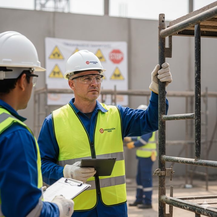 Supervisor de seguridad con chaleco y tablet inspeccionando un andamio