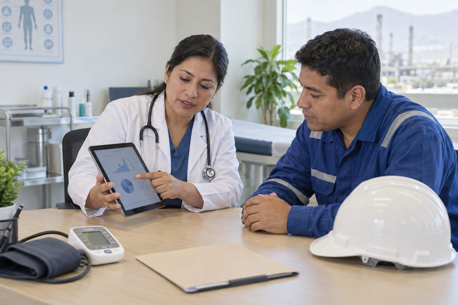 Profesional de salud ocupacional revisando resultados con un trabajador